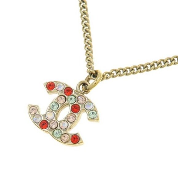 CHANEL CC Logo Multicolor Rhinestone Necklace 16" Gold Tone 04A Auth #7032 - Picture 1 of 9